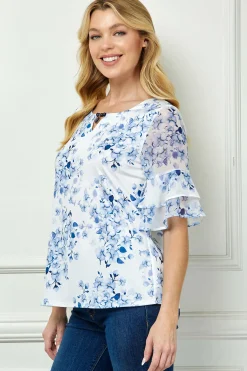 Double Ruffle Sleeve Cutout Neck Blouse in Ivory/Denim