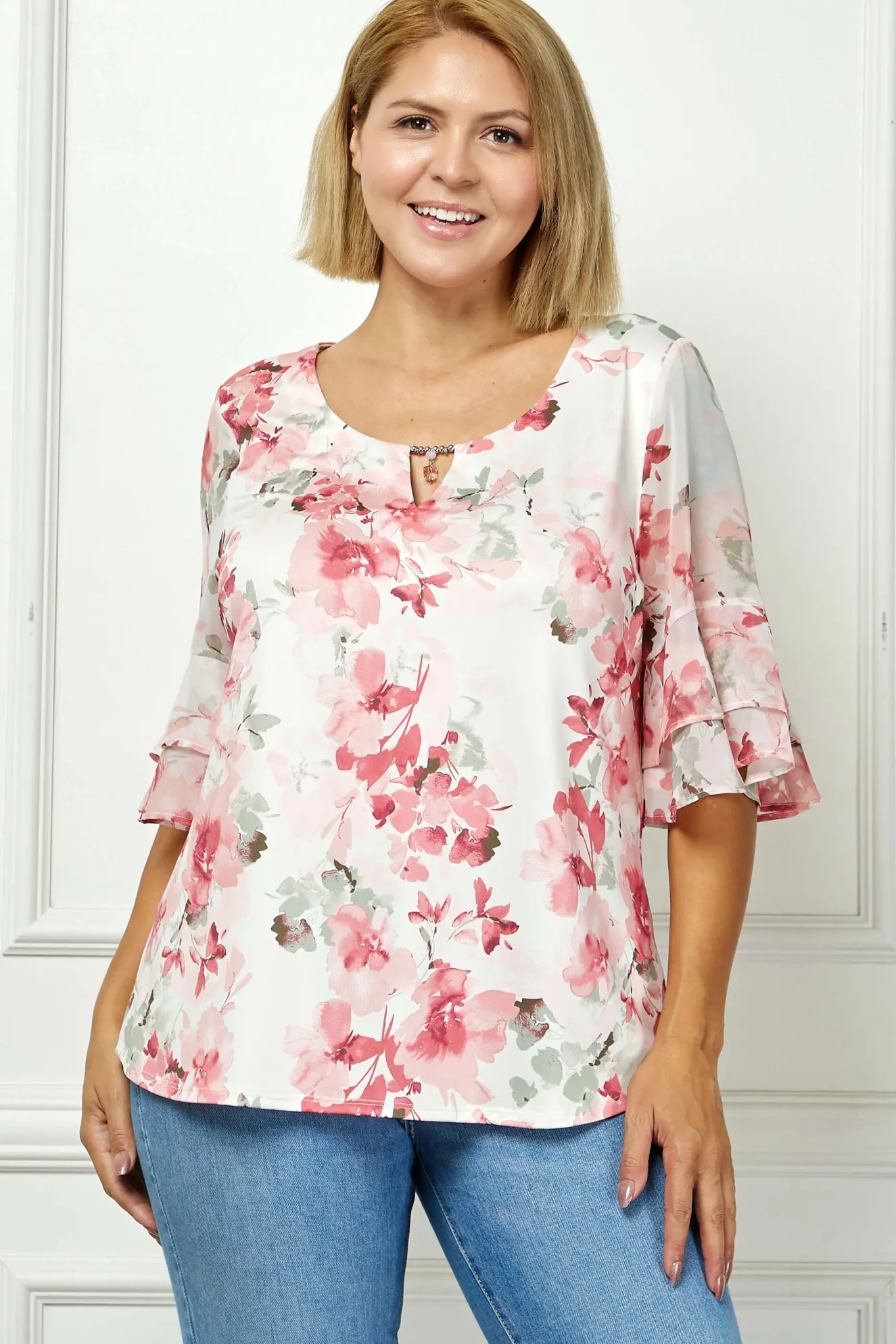 Double Ruffle Sleeve Cutout Neck Blouse - Plus