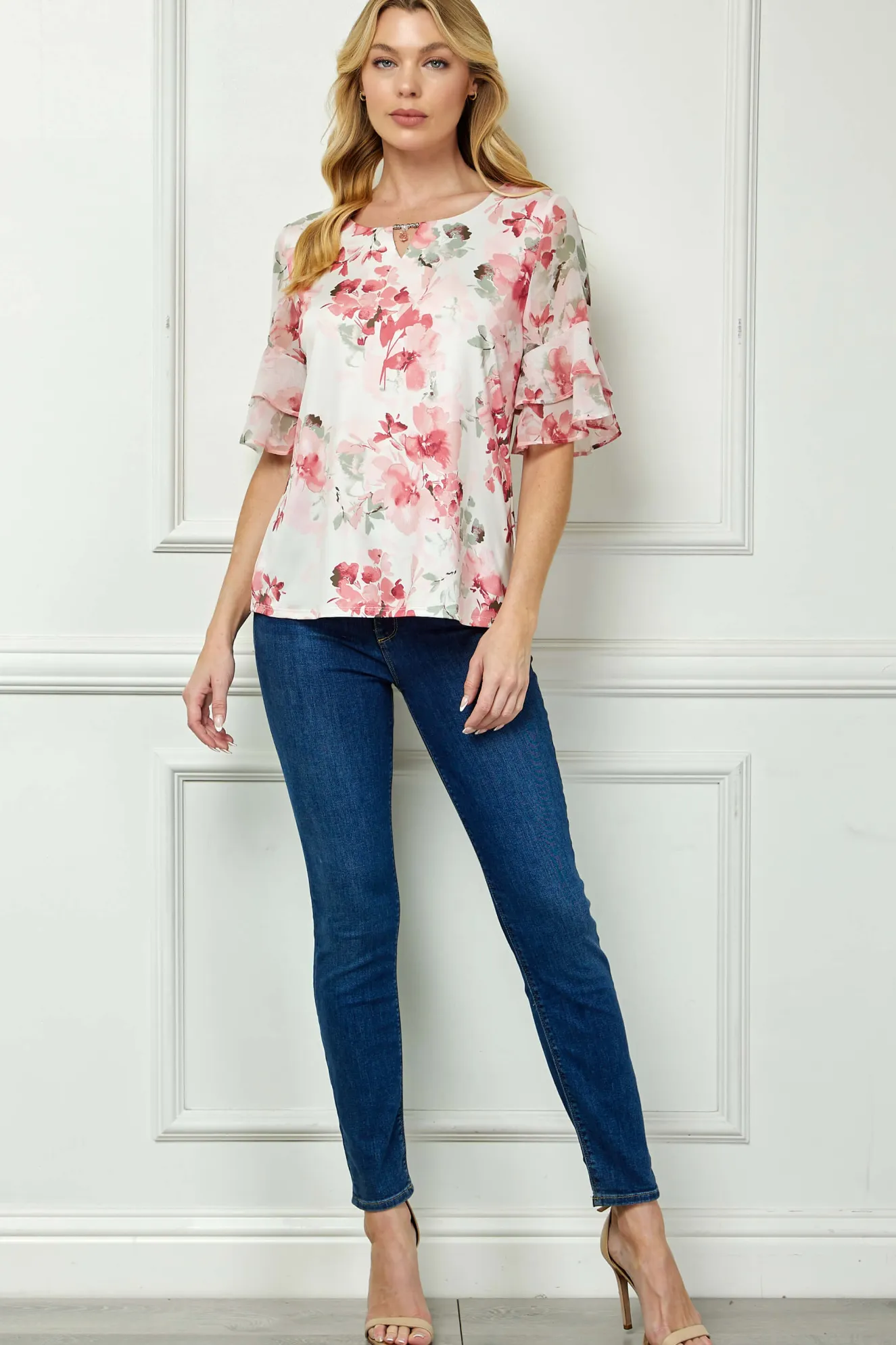 Double Ruffle Sleeve Cutout Neck Blouse