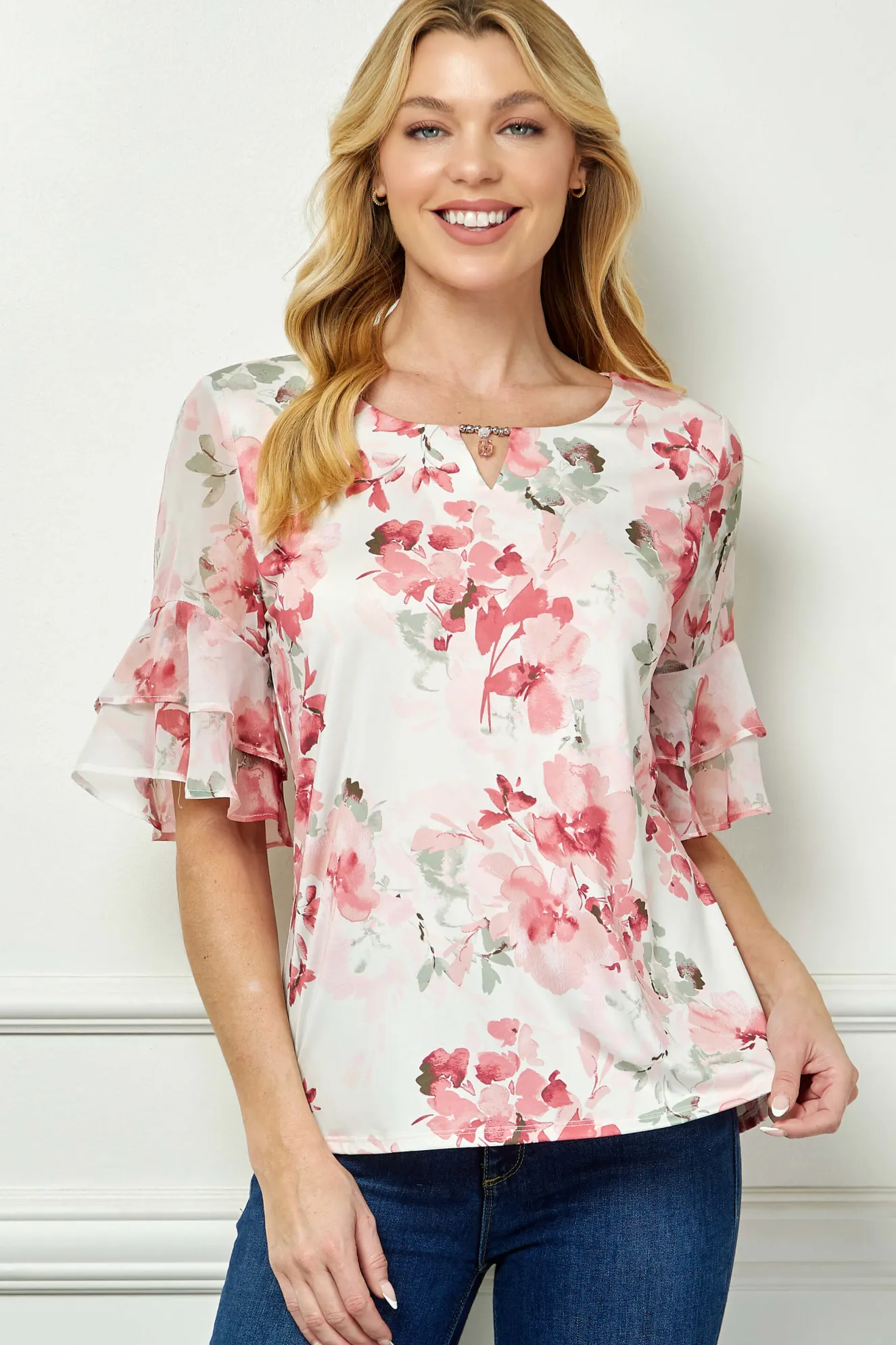 Double Ruffle Sleeve Cutout Neck Blouse