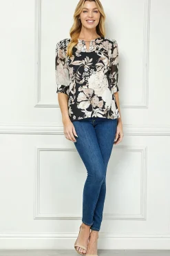 Elbow Sleeve Cutout Neck Mix Media Blouse - Black