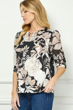 Elbow Sleeve Cutout Neck Mix Media Blouse - Black