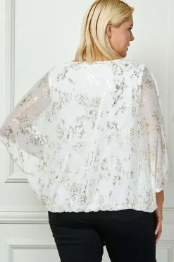 Elbow Sleeve Poncho Necklace Bubble Blouse - White - Plus