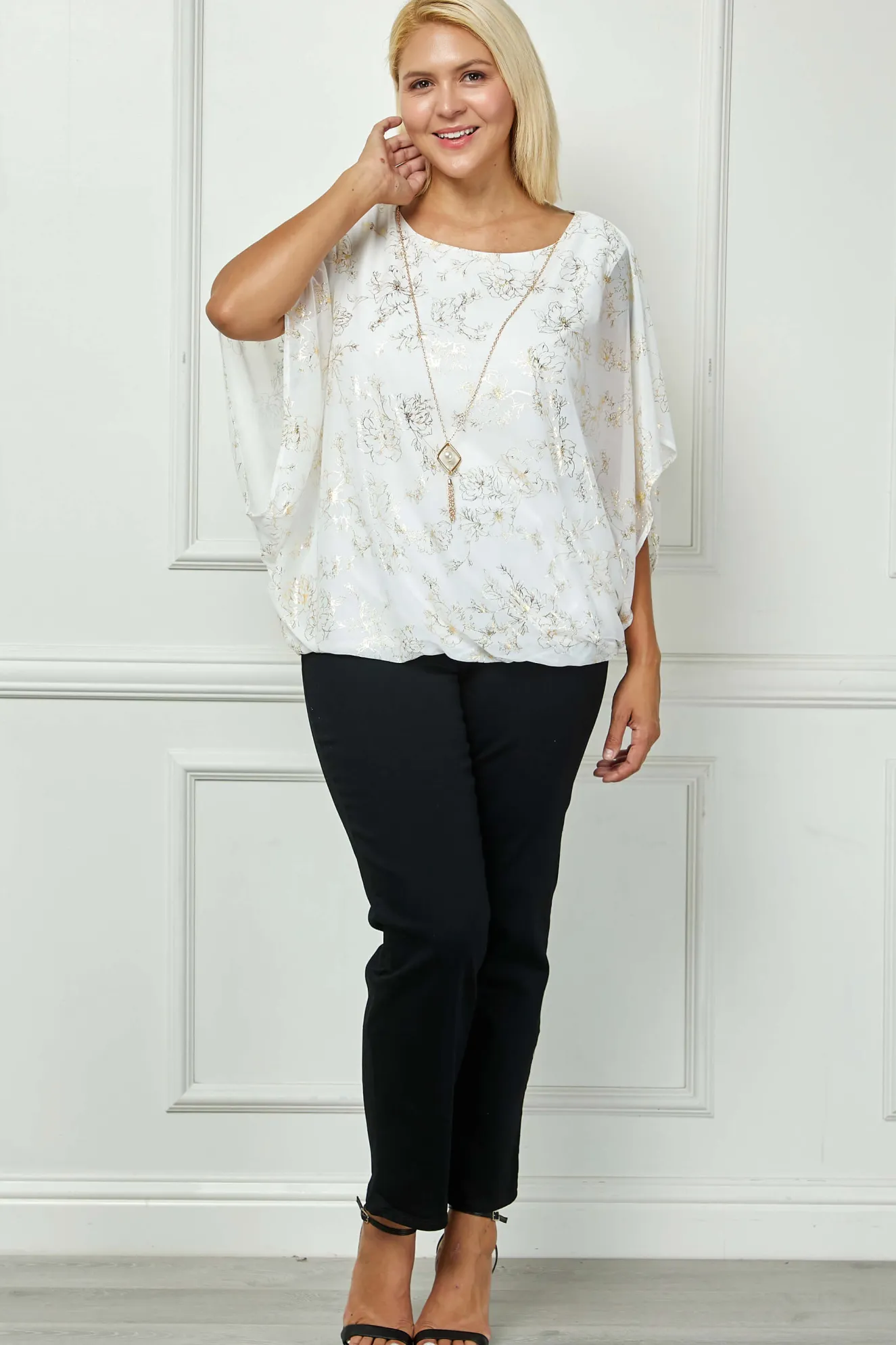 Elbow Sleeve Poncho Necklace Bubble Blouse - White - Plus