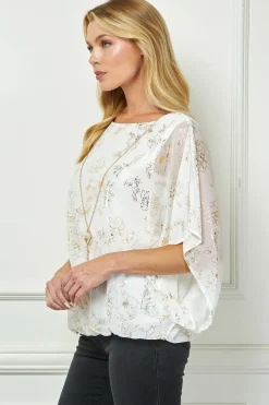 Elbow Sleeve Poncho Necklace Bubble Blouse - White