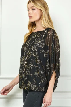 Elbow Sleeve Poncho Necklace Bubble Blouse - Black