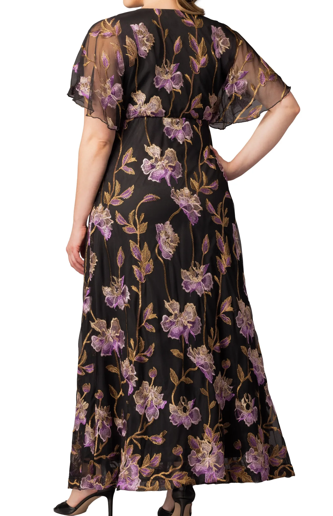 Embroidered Elegance Evening Gown Purple Peonies - Plus