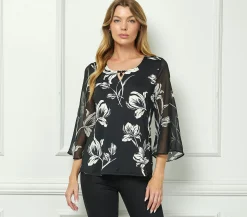3/4 Flare Sleeve Cutout Trim Front Neck Swing Blouse in Black