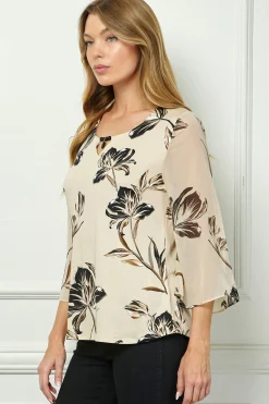 3/4 Flare Sleeve Cutout Trim Front Neck Swing Blouse in Beige