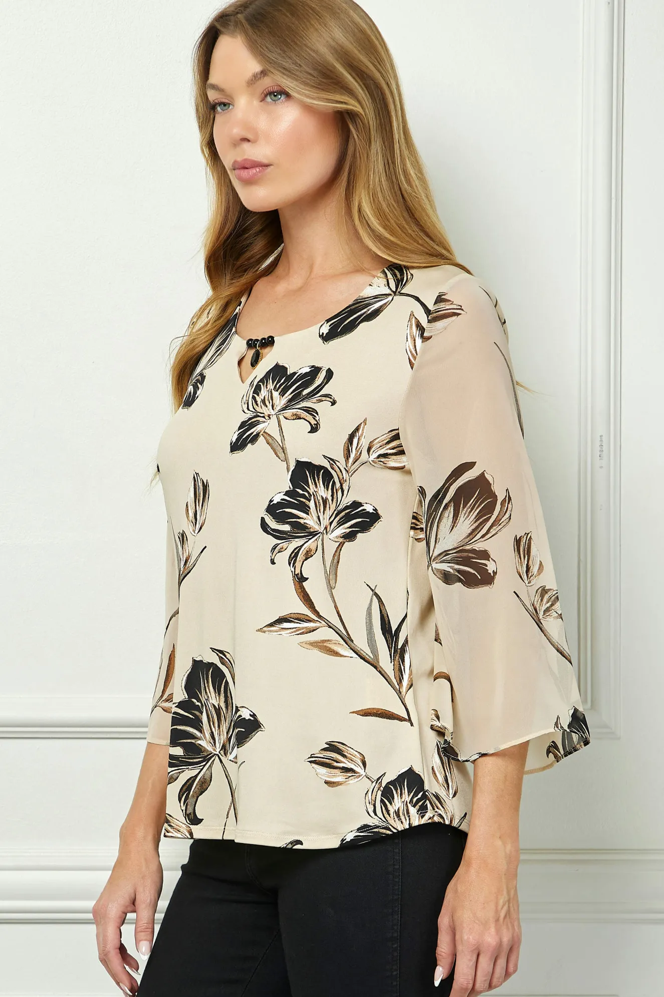 3/4 Flare Sleeve Cutout Trim Front Neck Swing Blouse in Beige
