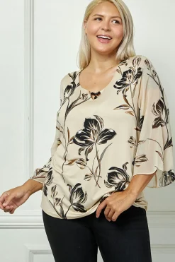 3/4 Flare Sleeve Cutout Trim Front Neck Swing Blouse in Beige - Plus