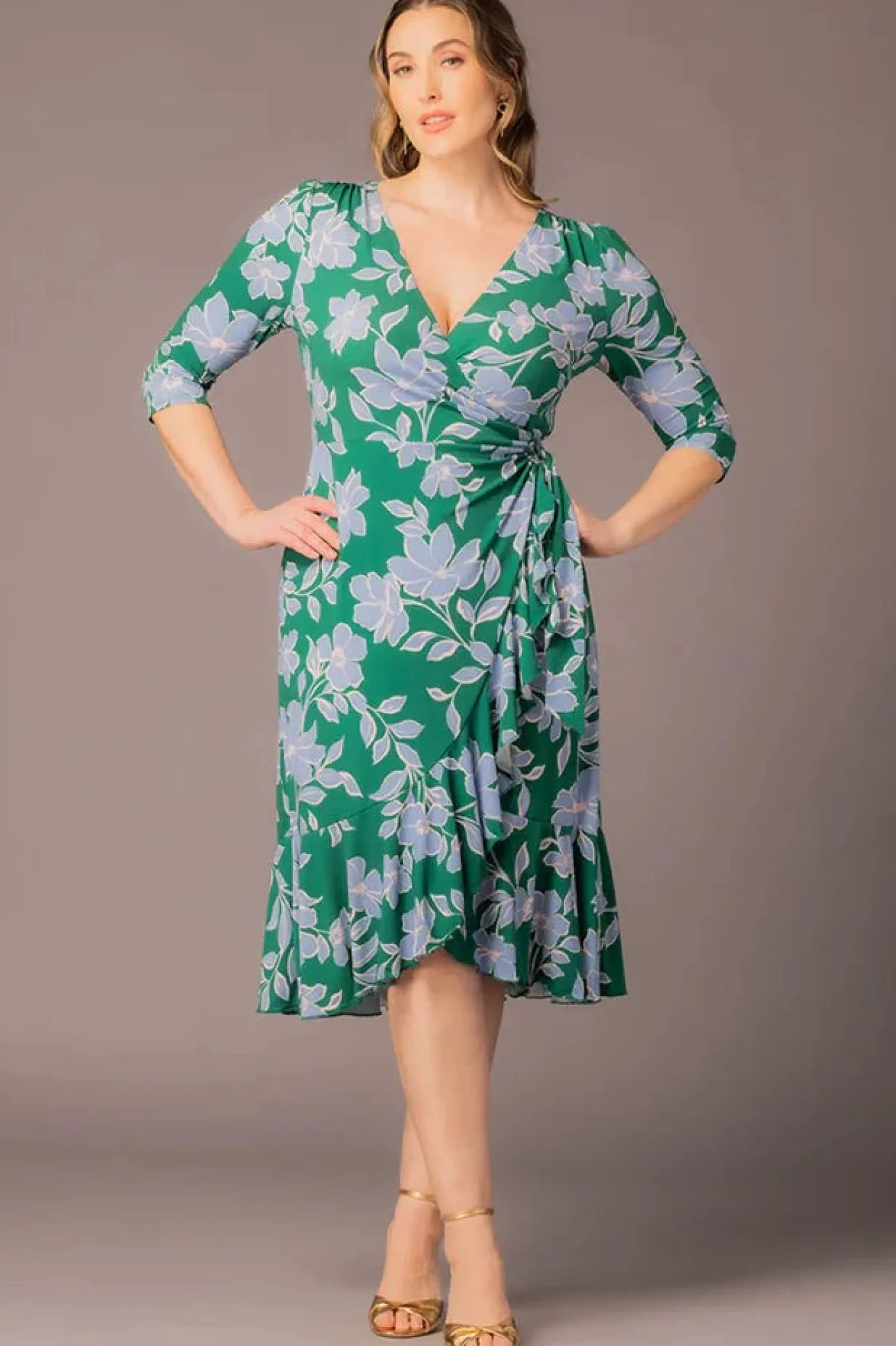 Flirty Flounce Wrap Dress Green & Blue Florals - Plus