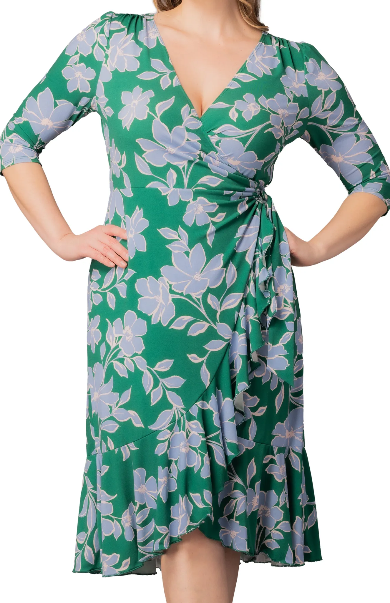 Flirty Flounce Wrap Dress Green & Blue Florals - Plus