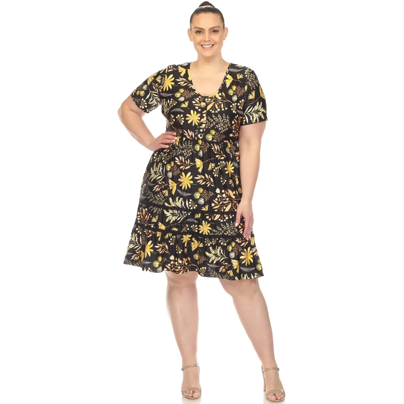 Floral Short Sleeve Knee Length Dress - Plus