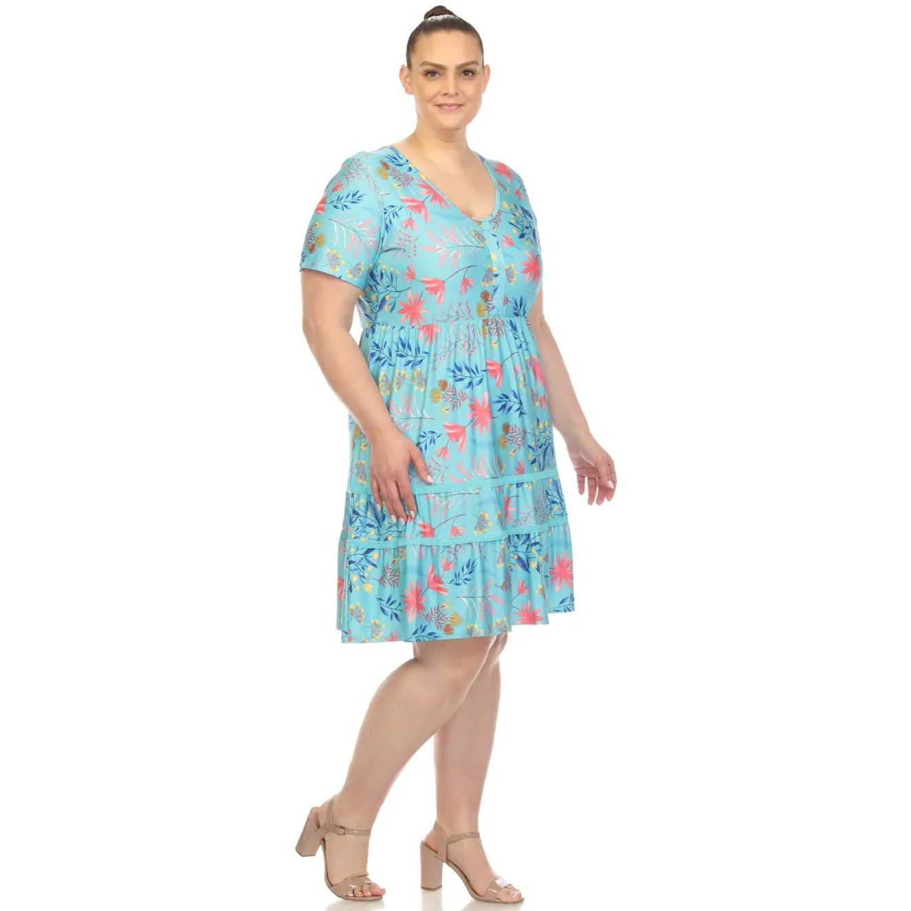 Floral Short Sleeve Knee Length Dress - Plus