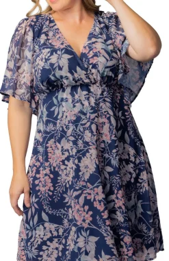 Florence Flutter Sleeve Dress in Navy Wisteria Blooms - Plus