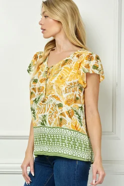 Flutter Sleeve Beaded Tie-Neck Print Blouse in Cream/Rust/Sage