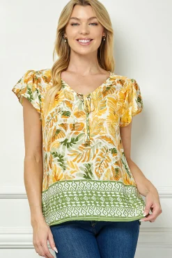 Flutter Sleeve Beaded Tie-Neck Print Blouse in Cream/Rust/Sage
