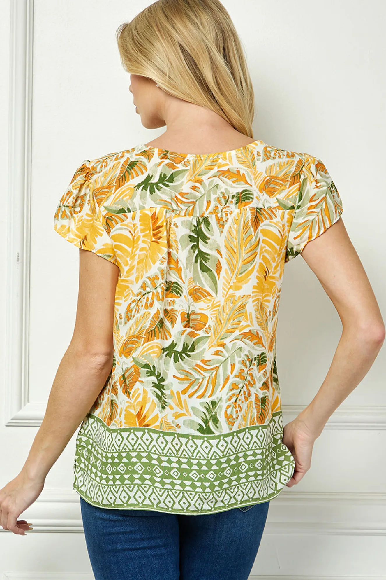 Flutter Sleeve Beaded Tie-Neck Print Blouse in Cream/Rust/Sage