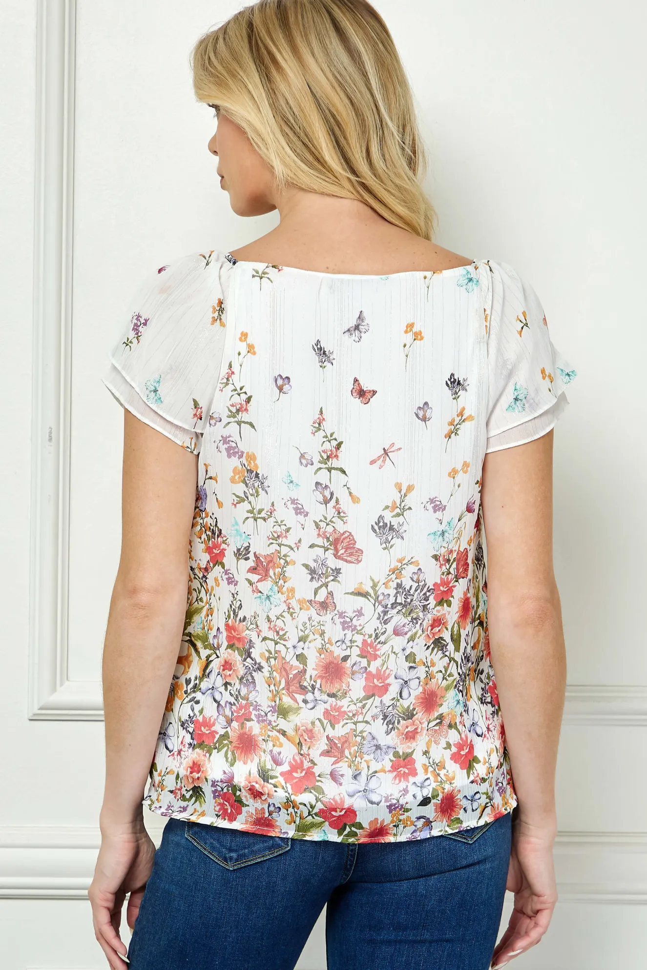 Flutter Sleeve Beaded Tie Pleated Blouse in Ivory
