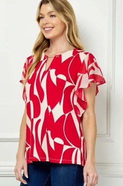 Flutter Sleeve Cutout Neck Blouse with Removable Trim in Red