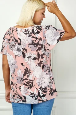 Flutter Sleeve Cutout Neck Pleat Blouse - Plus - Pink