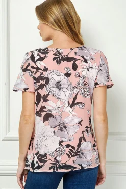 Flutter Sleeve Cutout Neck Pleat Blouse - Pink