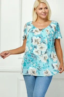 Flutter Sleeve Cutout Neck Pleat Blouse - Plus - Sage