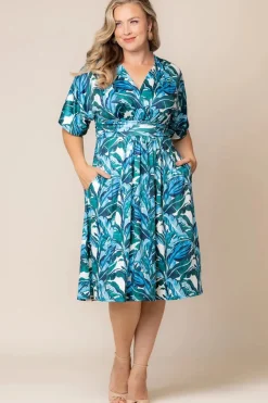 Gia Midi Dress - Teal Palm Print - Plus