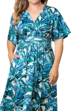 Gia Midi Dress - Teal Palm Print - Plus