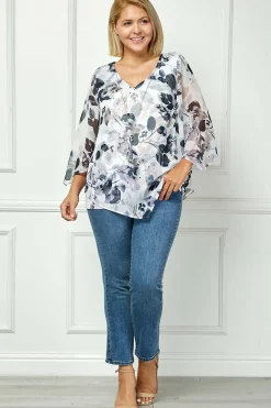 Hanky Hem Poncho V-Neck Blouse with Necklace - Plus - Gray
