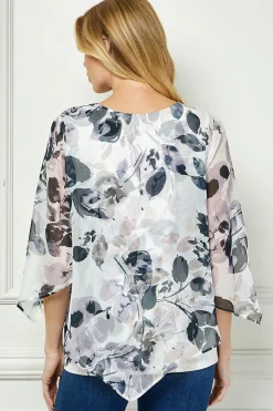 Hanky Hem Poncho V-Neck Blouse with Necklace - Gray
