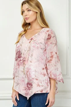 Hanky Hem Poncho V-Neck Blouse with Necklace - Pink