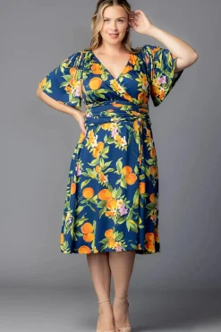 Jemma Ruched Tie Dress - Navy Citrus - Plus