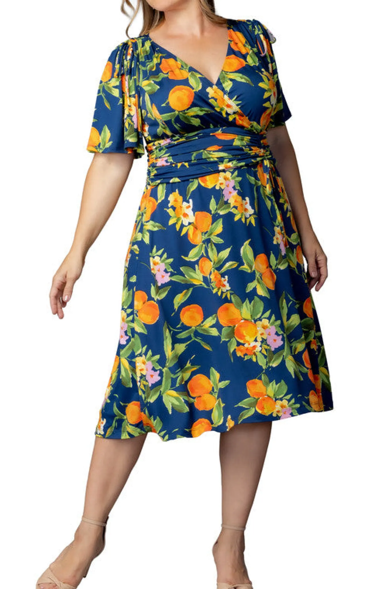 Jemma Ruched Tie Dress - Navy Citrus - Plus