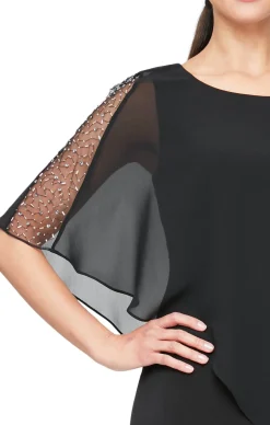 Jersey Sheath Dress with Asymmetric Chiffon Capelet - Black