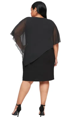 Jersey Sheath Dress with Asymmetric Chiffon Capelet- Black - Plus