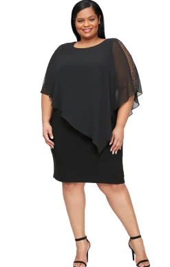 Jersey Sheath Dress with Asymmetric Chiffon Capelet- Black - Plus