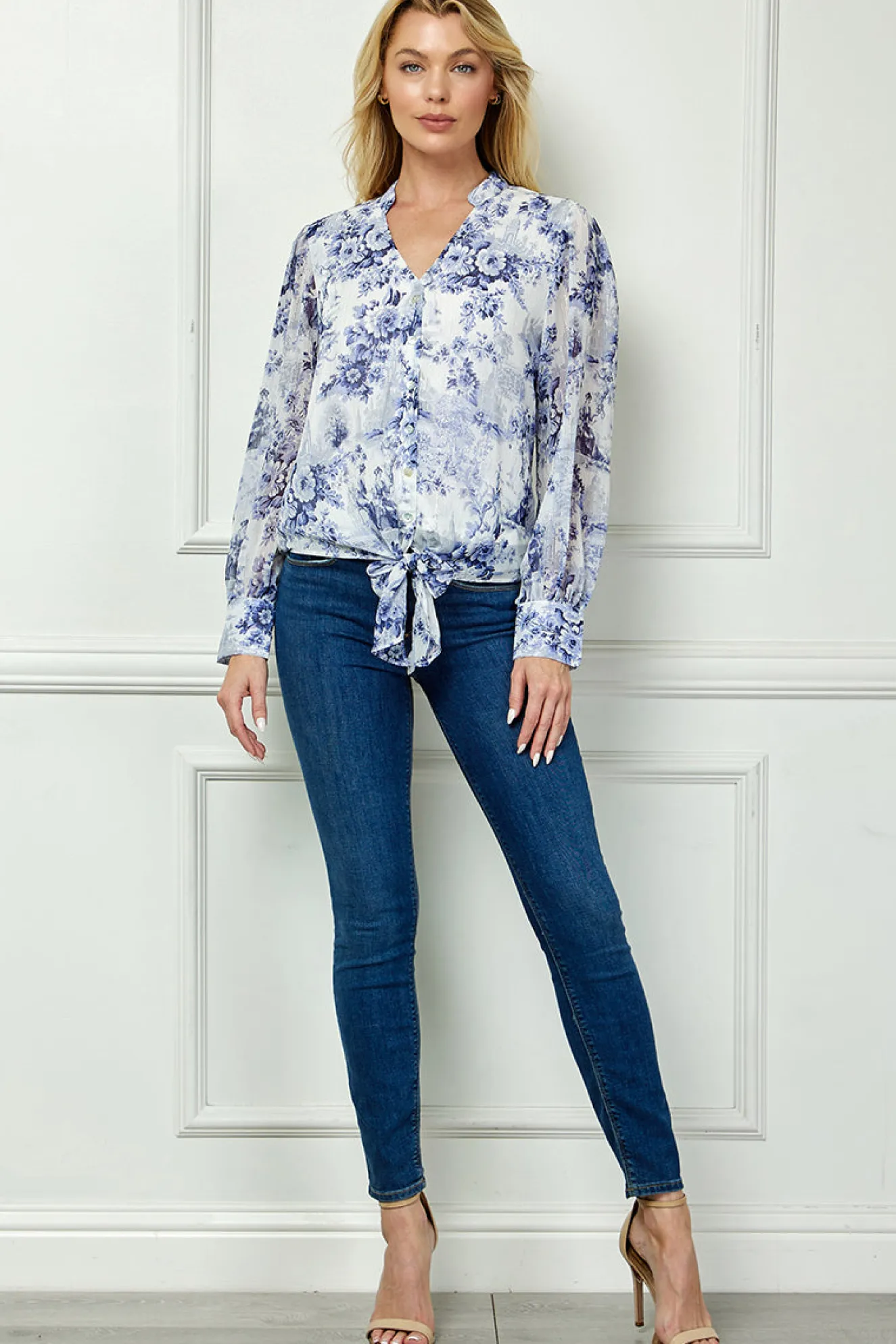 Long Cuff Sleeve V-Neck Button Front Tie Blouse in Blue