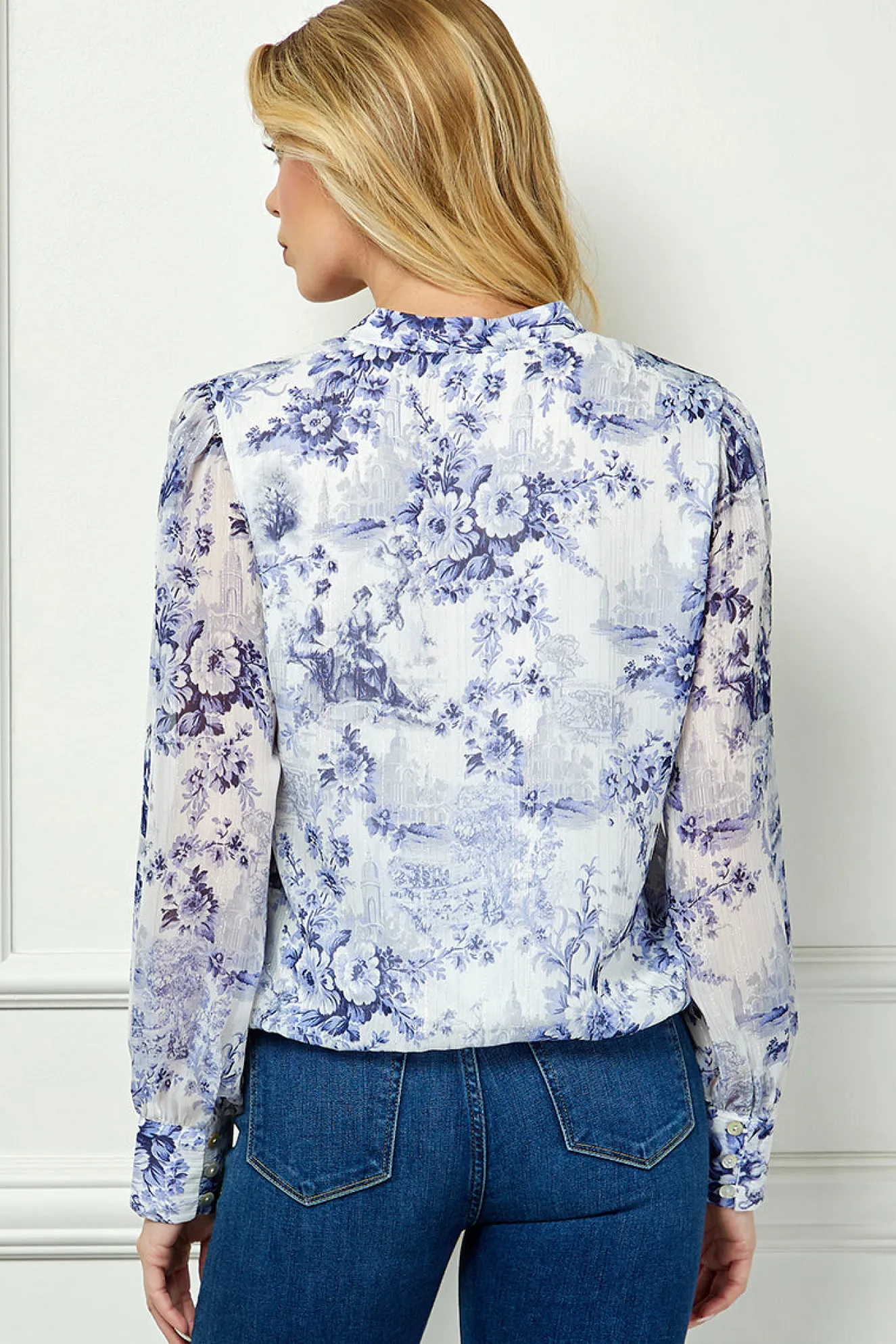 Long Cuff Sleeve V-Neck Button Front Tie Blouse in Blue