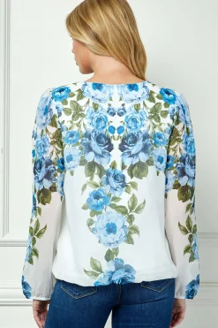 Long Elastic Cuff Sleeve V-Neck Placement Print Bubble Blouse
