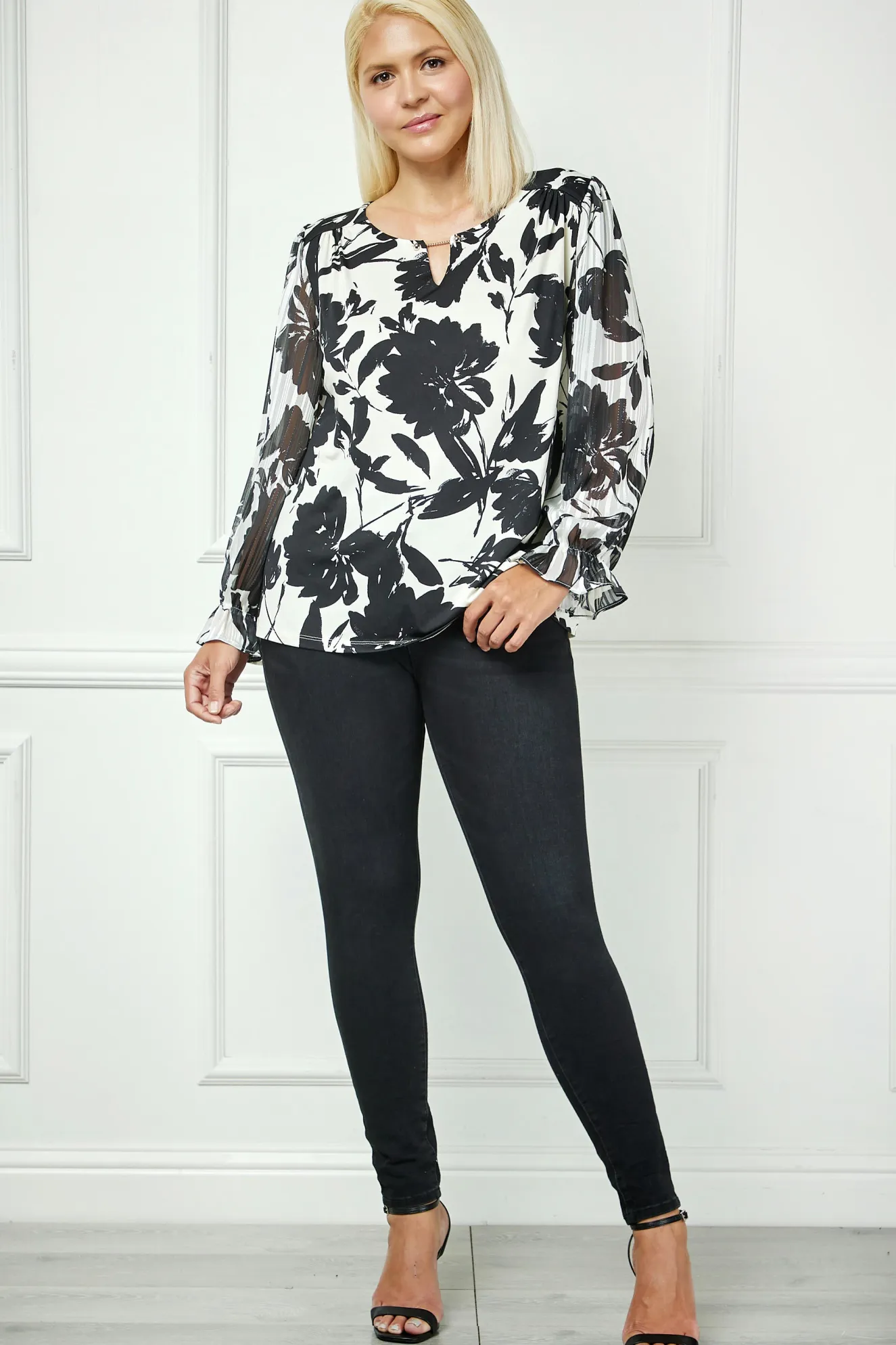 Long Ruffle Sleeve Cutout Trim Front Neck Mix Media Blouse - Plus