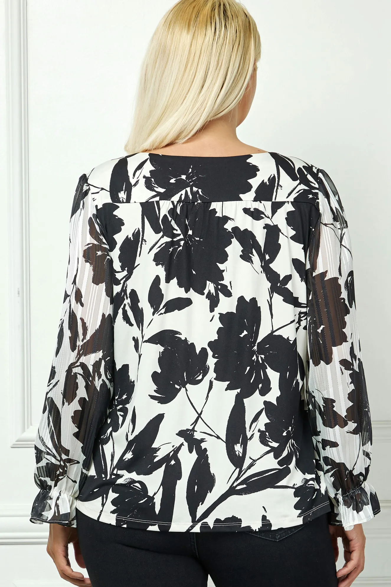 Long Ruffle Sleeve Cutout Trim Front Neck Mix Media Blouse - Plus