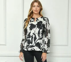 Long Ruffle Sleeve Cutout Trim Front Neck Mix Media Blouse