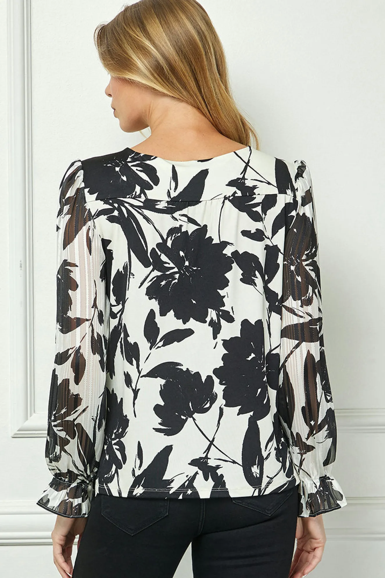 Long Ruffle Sleeve Cutout Trim Front Neck Mix Media Blouse