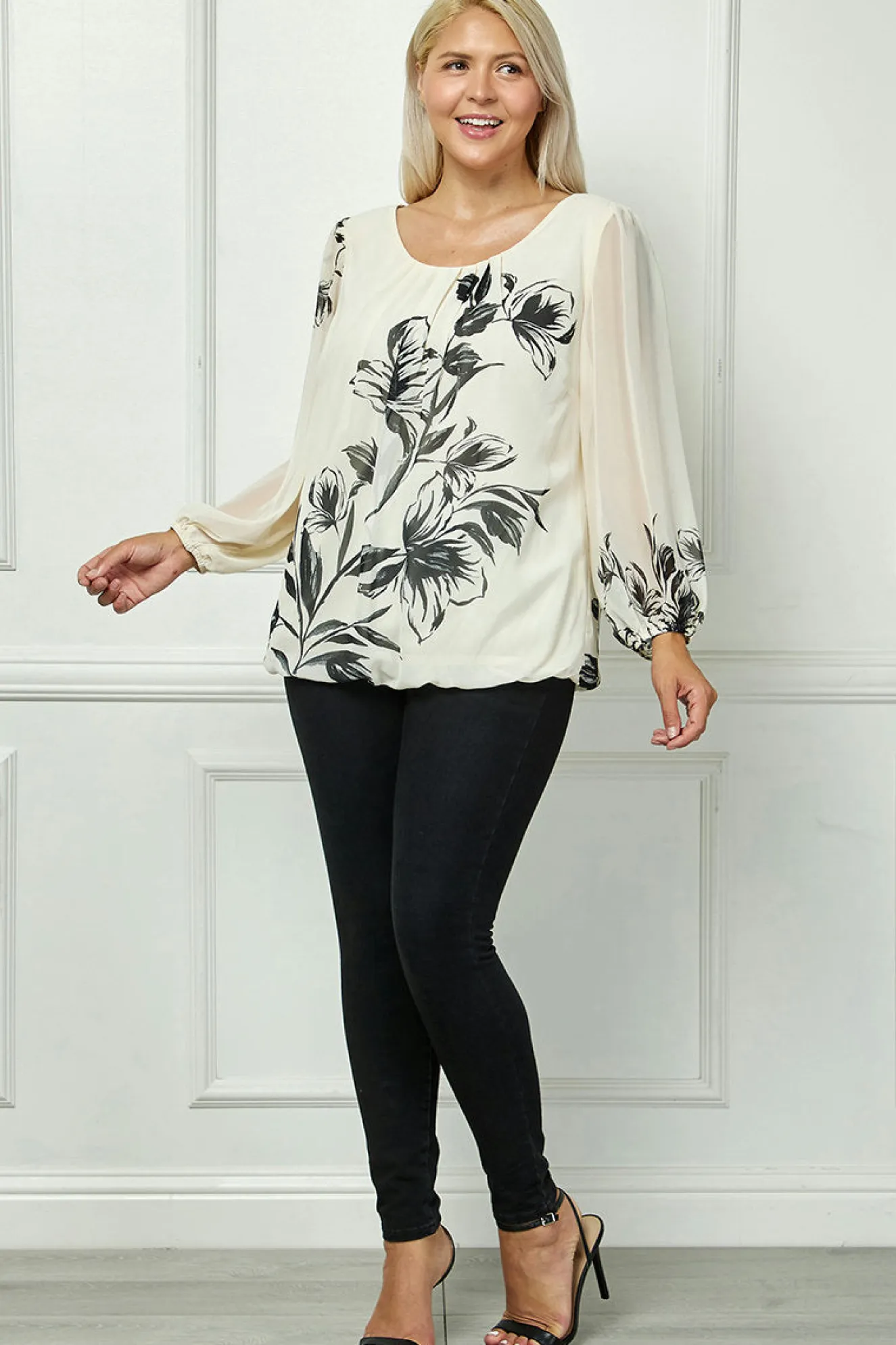Long Sleeve Placement Print Bubble Blouse - Plus
