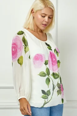 Long Sleeve Pleat Neck Placement Print Bubble Blouse in Ivory - Plus