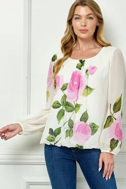 Long Sleeve Pleat Neck Placement Print Bubble Blouse in Ivory