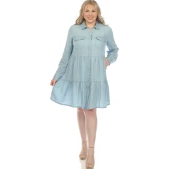 Long Sleeve Tiered Midi Shirt Dress - Plus