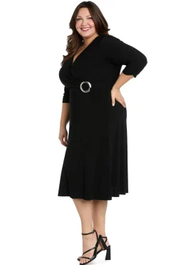 Midi Jersey Faux Wrap with 3/4 Sleeves-Black -Plus